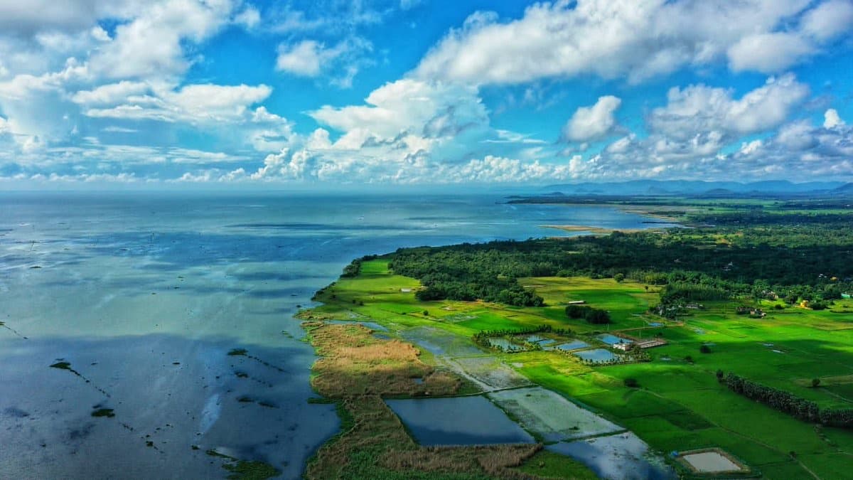 Aerial view of the vast Chilika Lake lagoon in Odisha