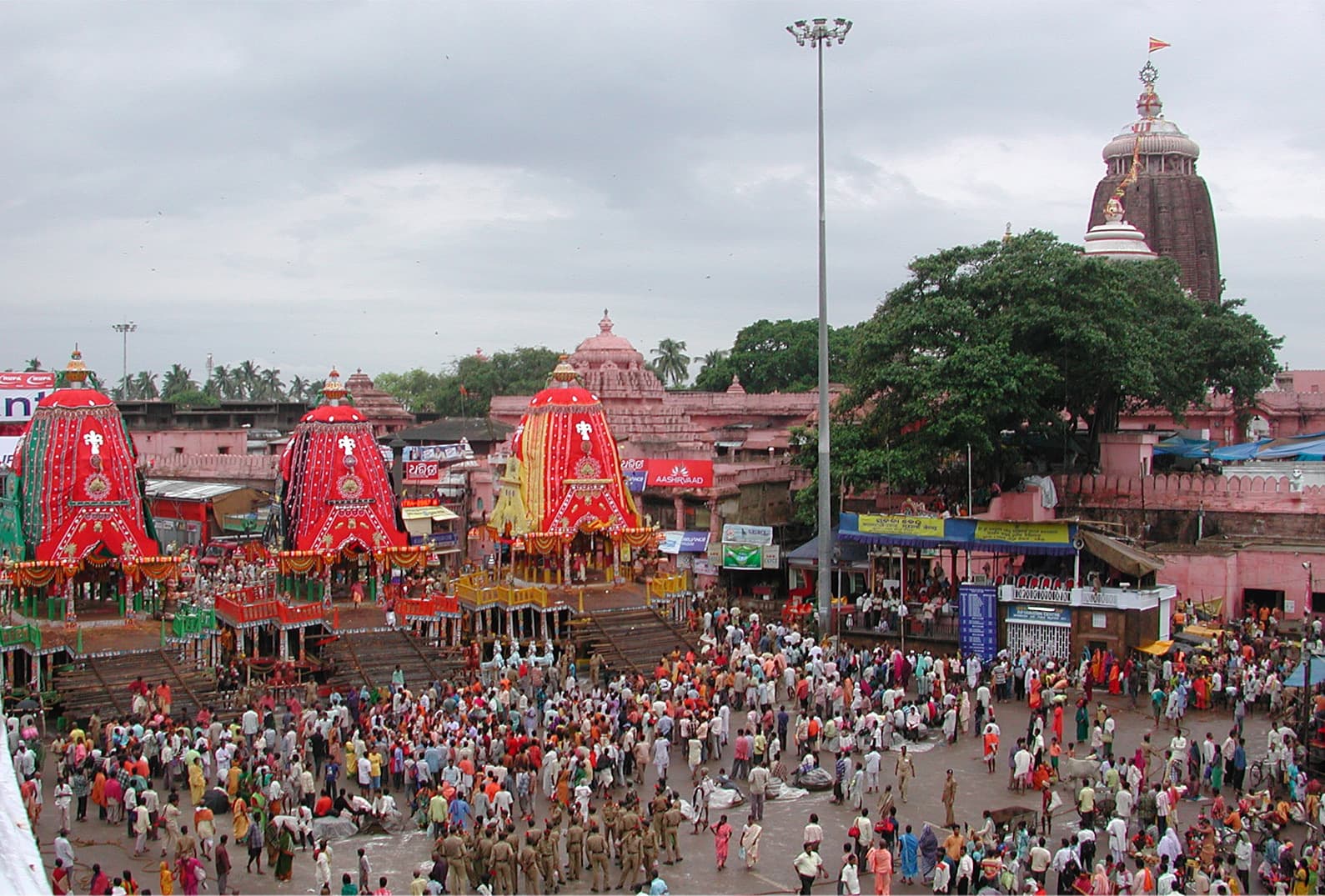 The towering chariots of the Jagannath Rath Yatra on the Grand Road in Puri