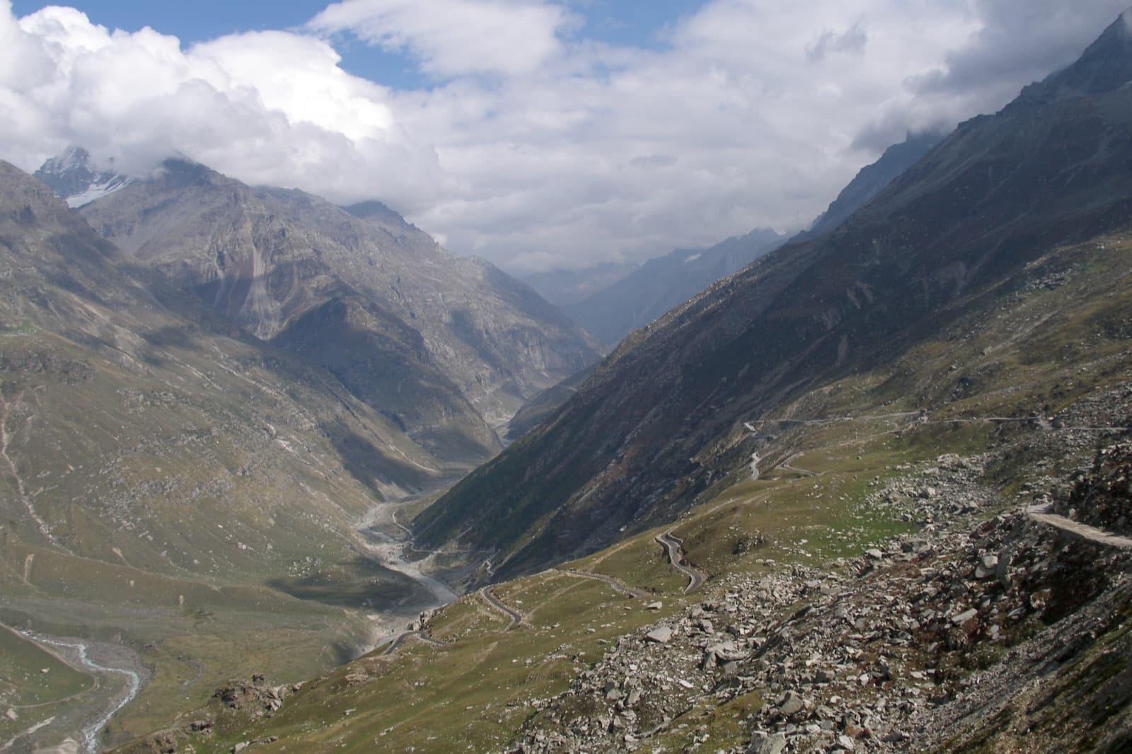 The Kullu valley seen from the snow-covered Rohtang Pass